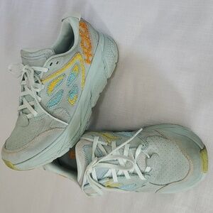 Hoka Clifton Leather Embroidery UNISEX Shoes blue glass Orage yellow Sz M11 W10